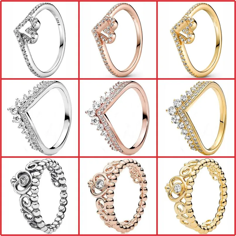 

2022 Fit Original Luxury Real 925 Sterling Silver Pan Ring For Women Rose Golden Crown Cz Rings Diy Fashion Wedding Jewelry