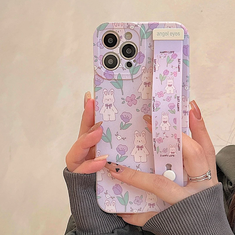 

Cute Flowers Rabbit Wrist Strap Phone Holder Case For iPhone 13 11 12 14 Pro Max XS X XR 7 8 Plus Soft Silicone Protection Cover