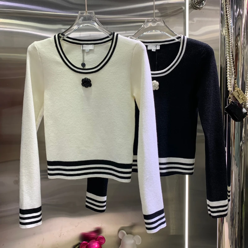 

166712 Fashion Classic Trendy Luxury Designer New Floral Pattern Color Contrasted Long Sleeve Sweater Pullovers Woman C1