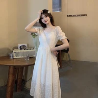 2022summer new womens french style retro first love sweet gentle elegant style square collar puff sleeve dress
