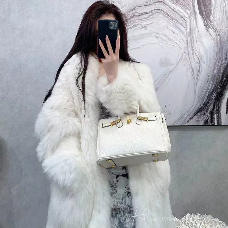 2022 Autumn And Winter New Fashion Temperament Outer Loose V-neck Knitted Mid-length Faux Fur Coat Women