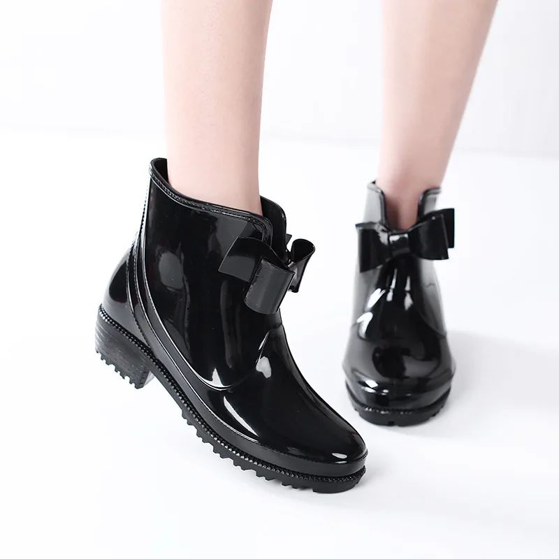Boots Women Short Tube Women's Rain Boots Waterproof Non-slip Flat Heel Student Boots Plastic Bow All-match Water Shoes Rain