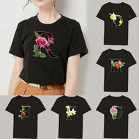 2022 hot sale women black tshirt casual top color floral letter printing series round neck slim fit commuter short sleeve ladies