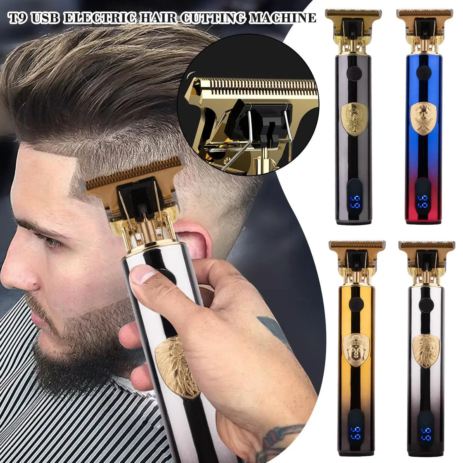 

New Gradual Change T9 Lcd Digital Display Usb Rechargeable White Light Retro Electric Push Oil Shear Push Push Hairdre C9w7