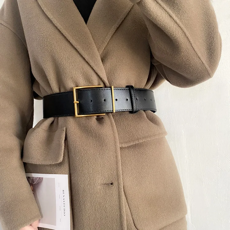 

Women's Luxury Brand Wide Belt Square Pin Buckle Lmitation Leather Waist Strap Decorative Coat Dress Simple Dress Waistband