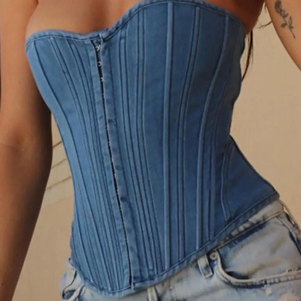 

Sexy Blue Denim Split Chest Wrap Women Y2K Off Shoulder Corset Crop Tops Club Summer Bustier Tube Female 2022 Tank Tops