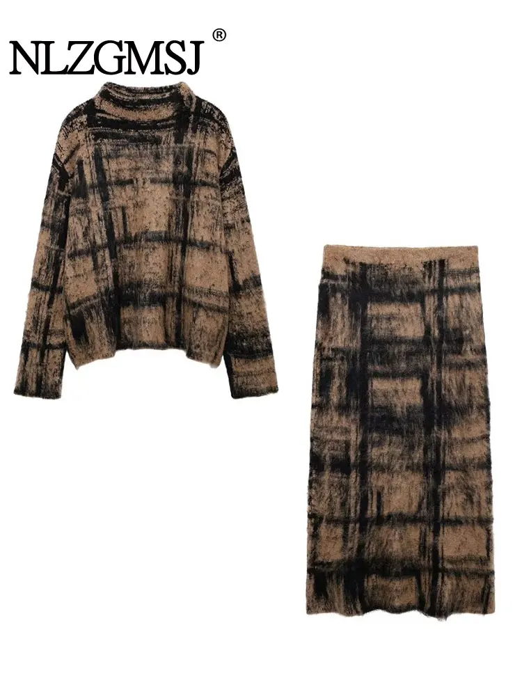 TRAF 2024 осенние вязаные комплекты юбок-миди для женщин модный клетчатый