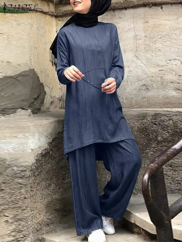 

ZANZEA Fashion Denim Blouse Suit Turkey Outfit Causal Wide Leg Pant Sets Loose Pantsuit Woman Tracksuit Muslim Matching Sets