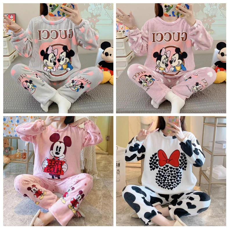 

Disney Pajamas Mickey Minnie Duck Winter Flannel Pajamas Women's Long-Sleevedthick Coral Fleece Cute Cartoon Home Clothes Gift