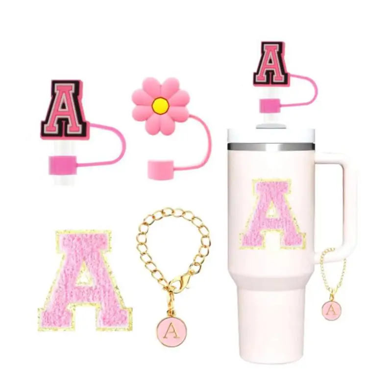 2Pcs Silicone Straw Cover 1pcs ID Letter Handle Charm Self-adhesive for Stanley 40/30 oz Cup Accessories Set