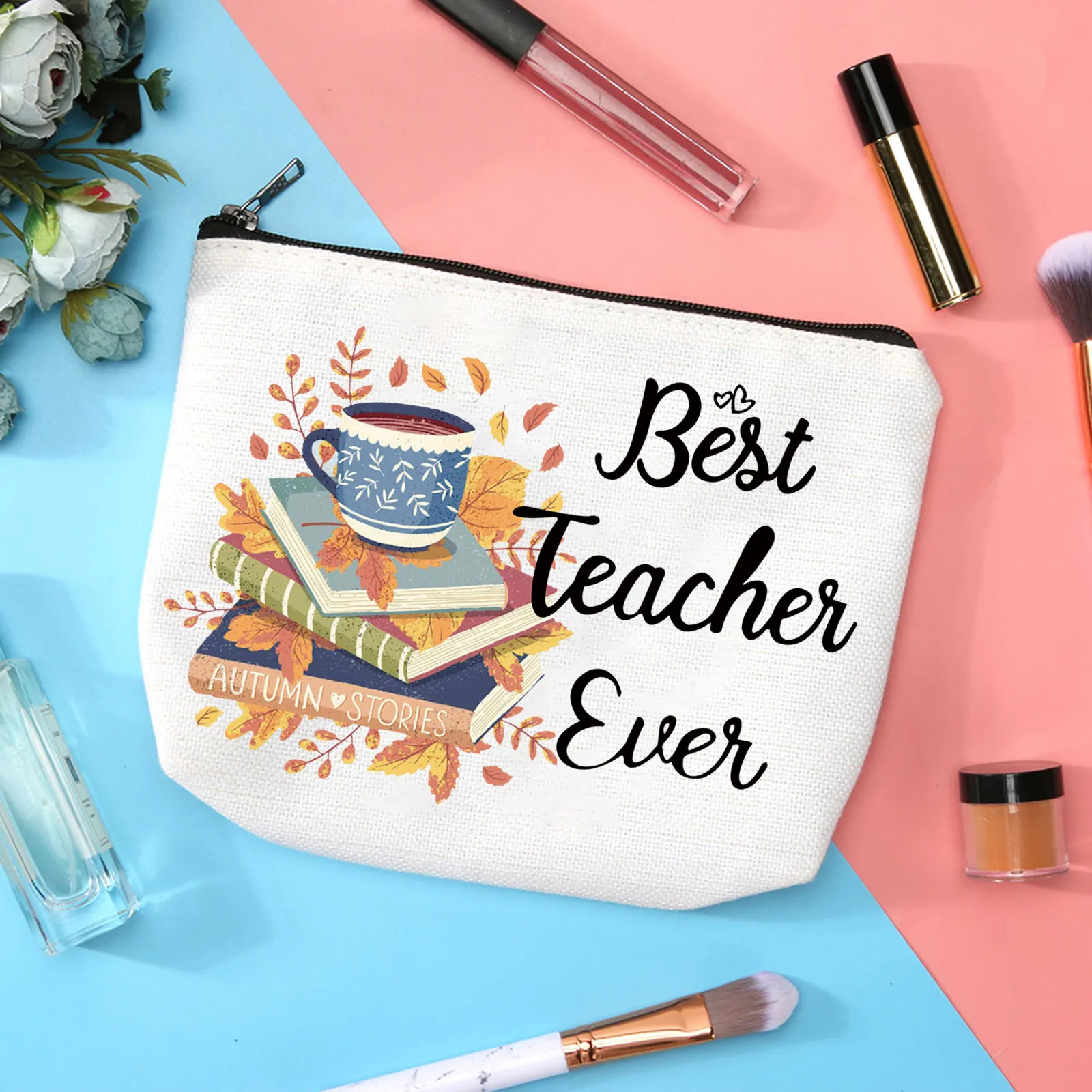 

Female cosmetic Women Best Teacher Letters Cosmetic Bag Linen Zipper Travel Storage Bag Women Coin Purse Portable Cosmetic Bag