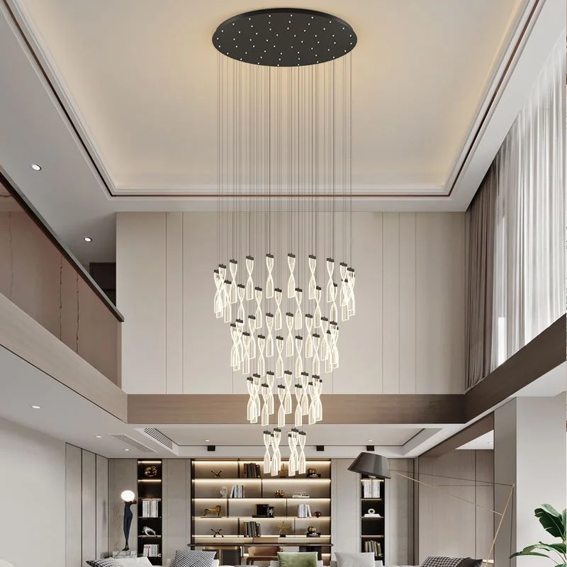 Modern Gold Stair Chandelier For Duplex Building High-rise Empty Living Room Hall Creative Black Rotation Ring Long Pendant Lamp