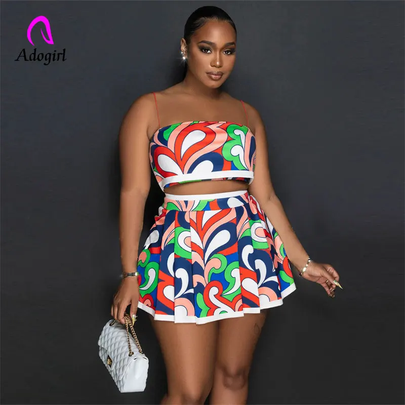 

Bandana Print Summer Two Piece Set Paisley Women Sexy Strapless Crop Top High Waist Mini Pleated Skirts Vacation Casual Suits