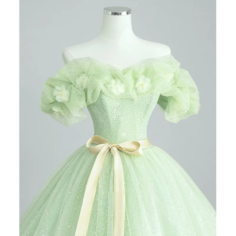 Luxury Green Princess Floral Off-Shoulder Strapless Evening Party Prom Dresses Women  A-line Ball Gown Tulle Formal Dress