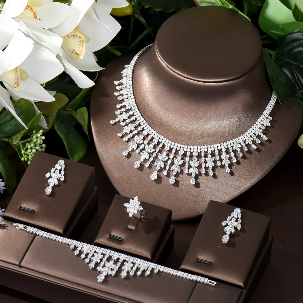 

HIBRIDE Luxury New Necklace Earring Bracelet And Ring Sets 4PCS For Women Bridal Indian Nigeria Wedding Jewelry Set Gifts N-456