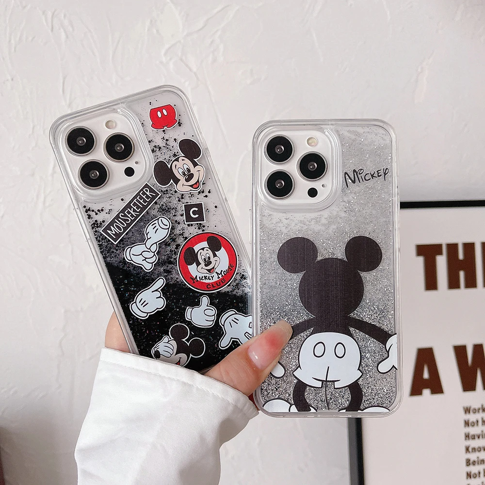 

Cartoon Disney Mickey Glitter Quicksand Phone Case for IPhone 14 13 12 11 Pro Max X XR XS MAX 7 8Plus Anti-fall Back Cover Coque