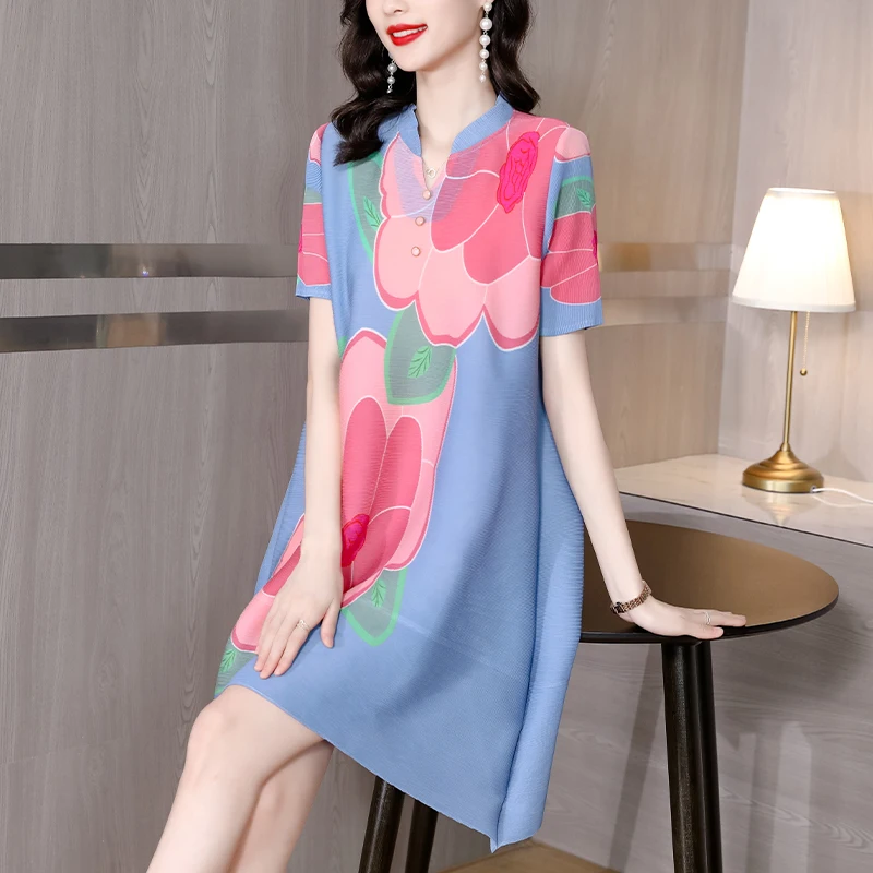 

Летняя плиссированная юбка Sanzhai, новинка 2023, летнее платье для мам, новая приталенная плиссированная юбка с коротким рукавом и цветочным принтом