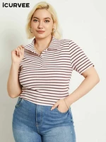 icurvee women summer t shirts 2022 fashion bohemian striped tees casual short sleeve tshirts buttons lapel tunic plus size 4xl