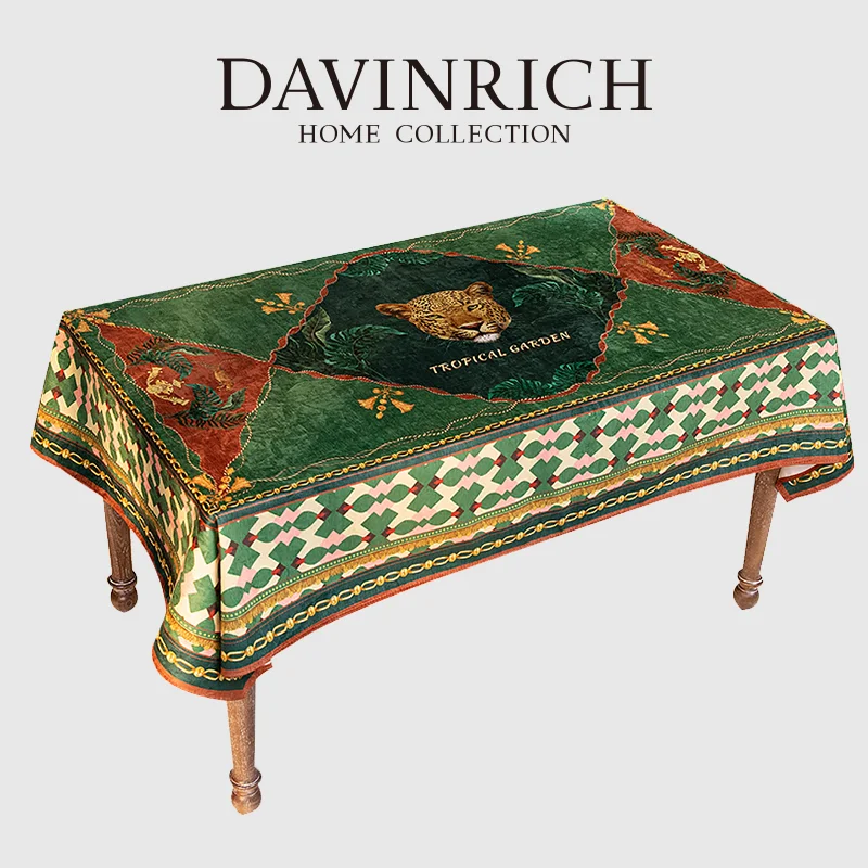 

DAVINRICH Cheetah Leopard Print Rectangle Tablecloth Tropical Plants Palm Leaf Table Cover Luxury Table Cloth Dining Room Decor