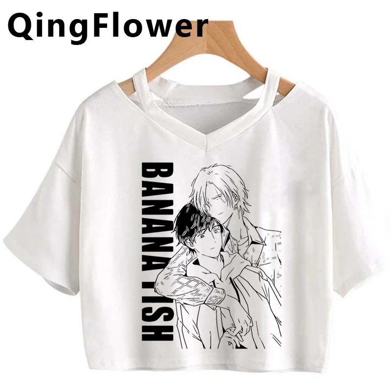 Футболка женская с забавным японским аниме принтом бананов и рыбок уличная