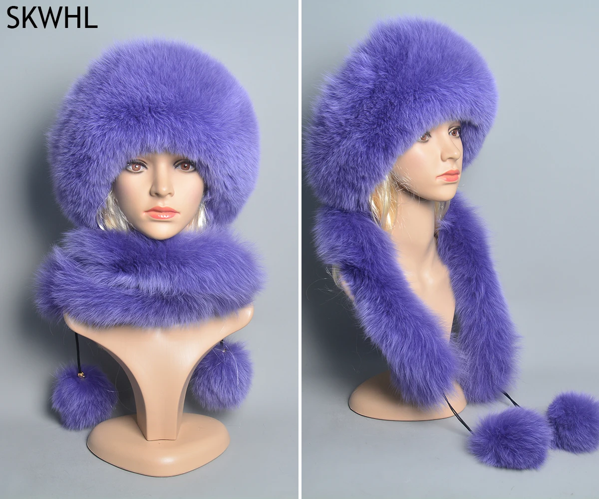 Women's Real Fox Fur Hat Scarf Mongolian Bomber Hat Ladies Winter Warm Fox Fur Earflap Caps Russia Winter Real Fur Hat