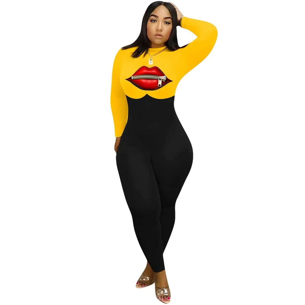 Oversized Long Sleeve Jumpsuit Rompers Ladies Fashion Printed Sexy Lip Turtleneck Bodysuit 2020 Fall Clothing for Women | Женская одежда