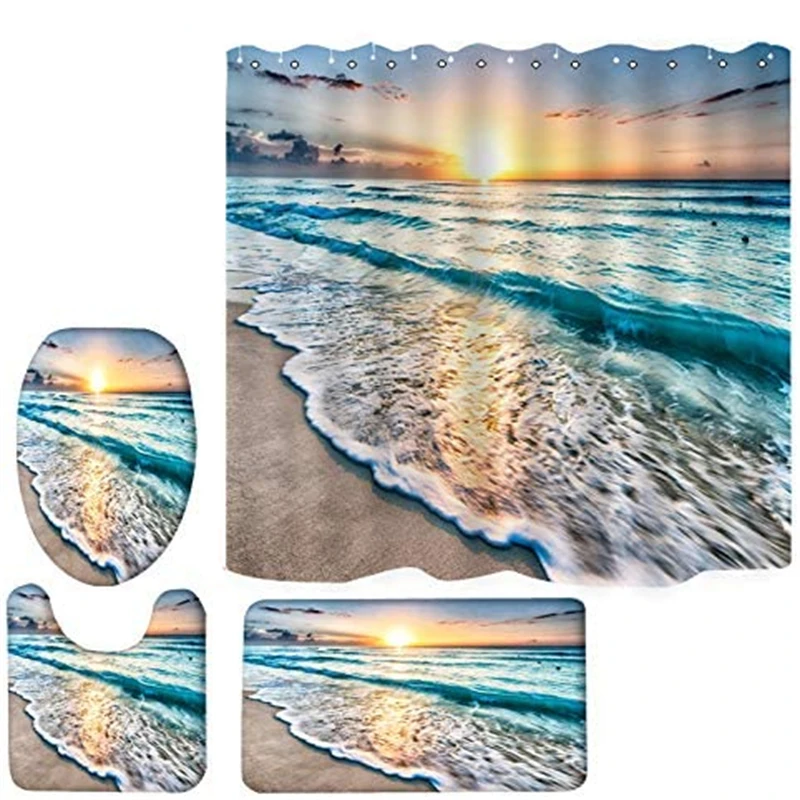 

Sunrise At Tropical Beach Sunset Waves Seagull Scene Ocean Shower Curtains Set With Bath Floor Rugs 4Pcs For Bathroom Decor