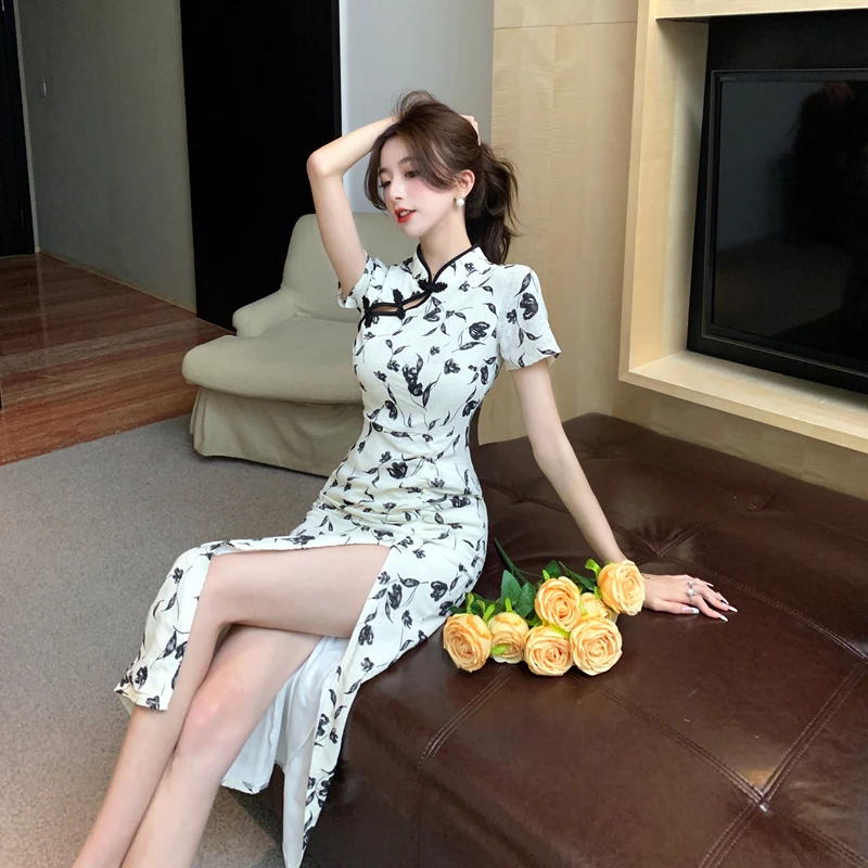 Платье-Ципао во французском стиле для девушек приталенное элегантное платье