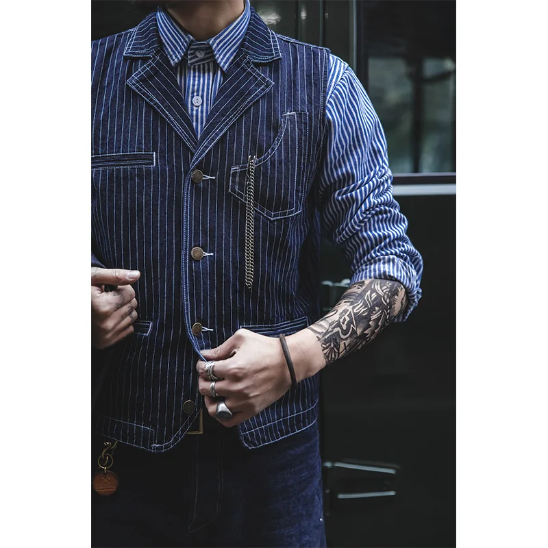 

NEW Winter Men Fall Stripe Denim Lapel Motorcycle Hunting Vest Suit American Vintage Amekaji Cargo Sleeveless Jackets