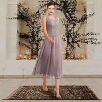 summer 2022 chiffon mother of the bride dresses for weddings sleeveless tea length guest party gown scoop neck custom a line