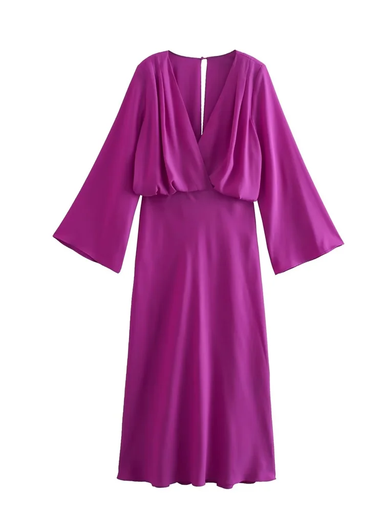 

MESTTRAF Sexy Design 2023 Purple Crossed Pleated Midi Dress Vintage V Neck Long Sleeve Female Dresses Vestidos