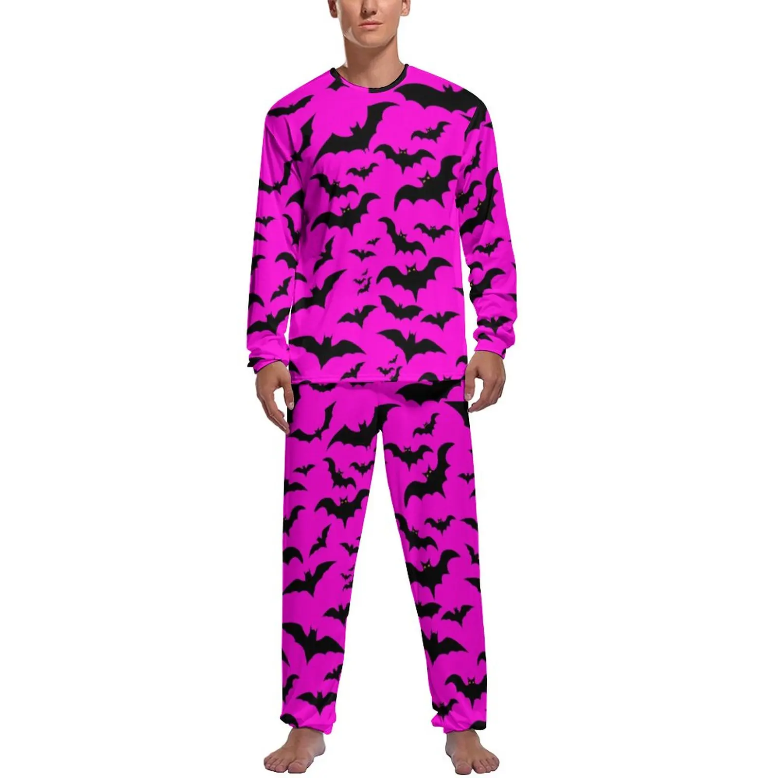 Black Flying Bats Pajamas Autumn 2 Pieces Gothic Halloween Elegant Pajama Sets Man Long-Sleeve Bedroom Graphic Sleepwear