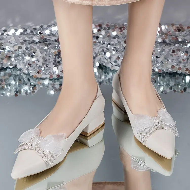 

2022 Women Dress Beige Butterfly-Knot Shoes, Square Toe Women Office White Shoes,Classic Wedding Shoe,Fashion Style Women Pumps