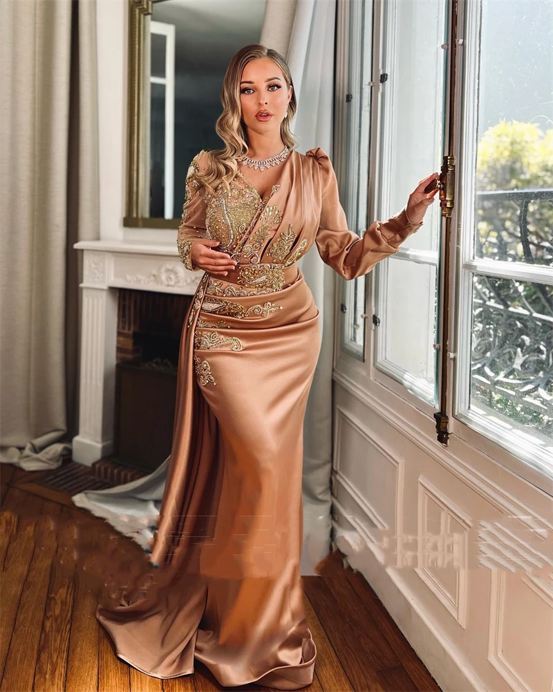 

Brown Satin Mermaid Evening Dress For Women Crystals Beaded Long Sleeve V-Neck Formal Party Gown Arabic Prom Outfit Wear Vestido