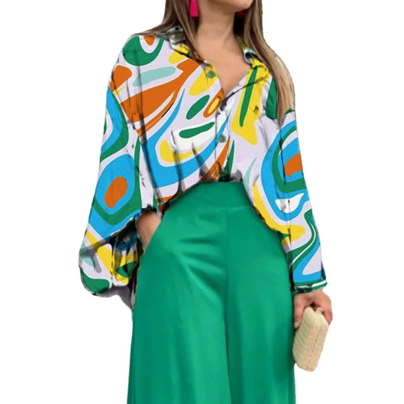 

Women's New Printed Casual Suit Loose Oversized Lapel Shirt High-waisted Wide-leg Pants Two-piece Set 2 Piece Sets Lady Outfit