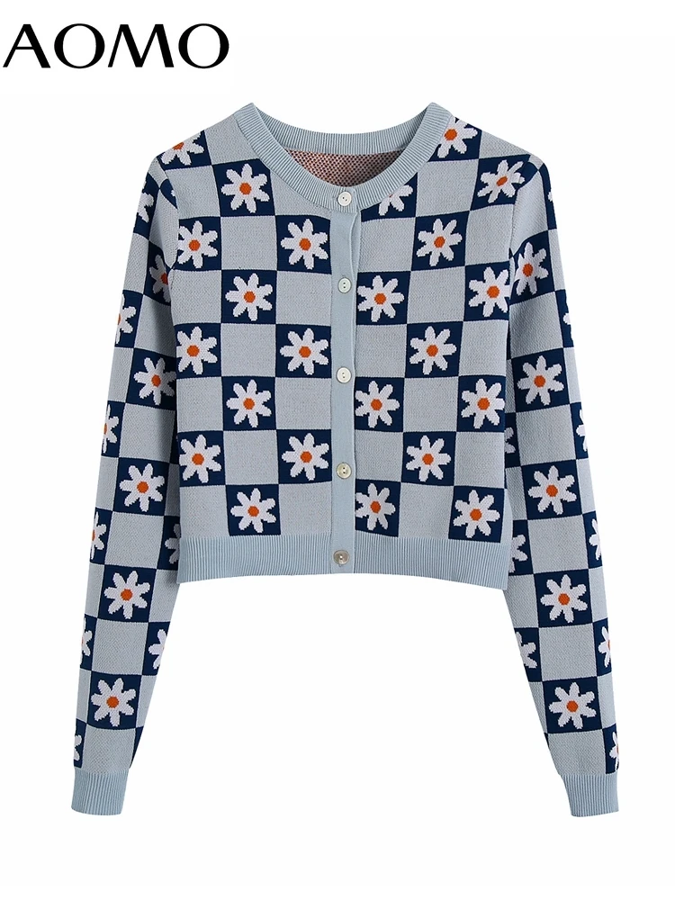

Женский жаккардовый вязаный кардиган AOMO, винтажный свитер с длинными рукавами и пуговицами, верхняя одежда 2022