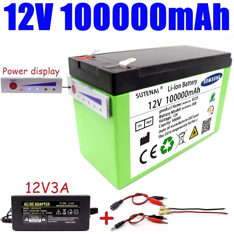 

New Power Display 12V 60A 18650 Lithium Battery Is Suitable For Solar Energy And Electric Vehicle Battery + 12.6V 3A Charger