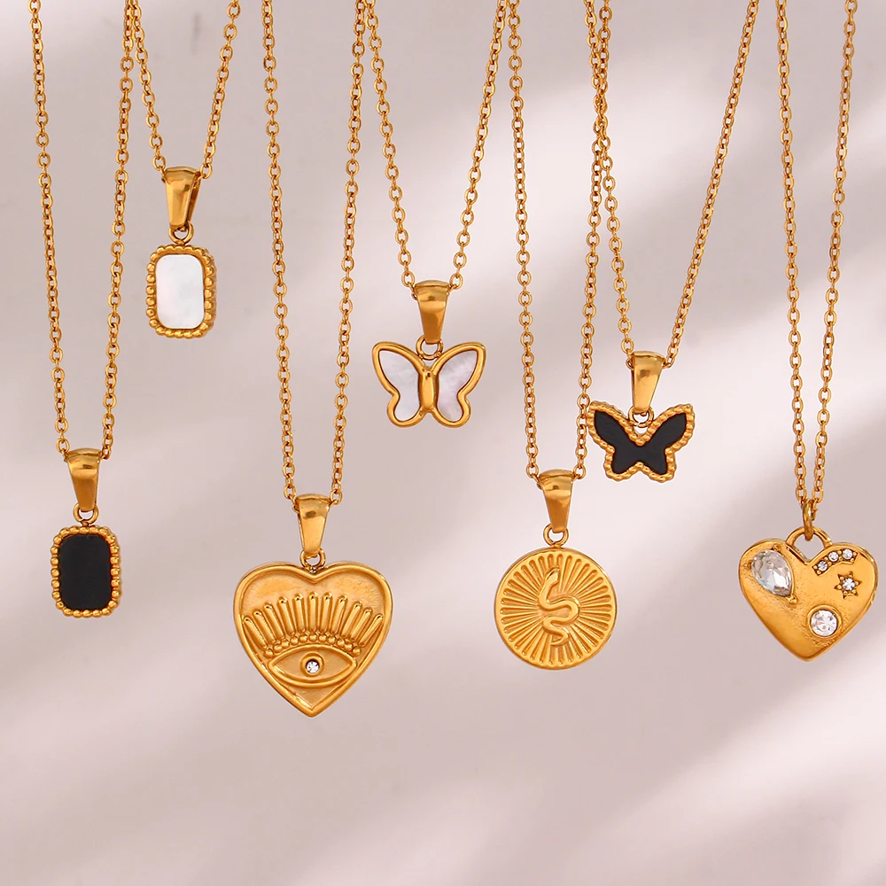 

Wholesale Dropshipping Trendy Design Stainless Steel Butterfly Round Square Snake Coin Heart Evil Eye Crystal Pendant Necklace