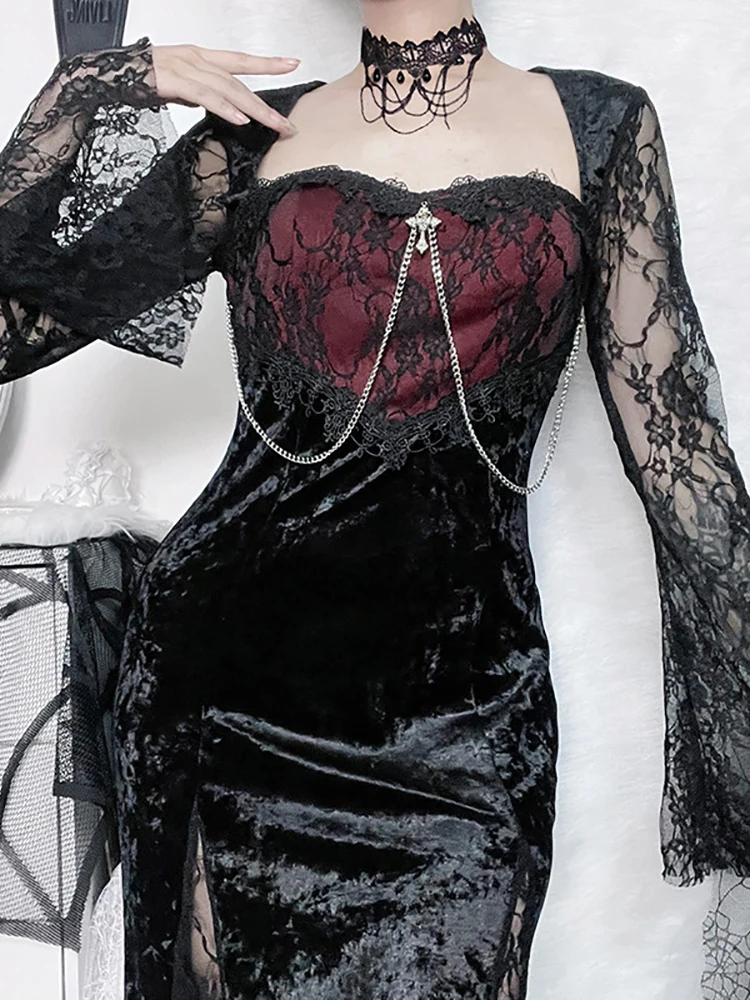 Goth Dark Elegant Mall Gothic Women Evening Dresses Grunge Aesthetic E-girl Velvet Midi Dress Lace Splice Sexy Split Alt Outfits images - 6