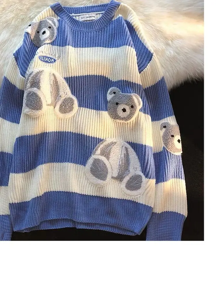 

Knitted Sweaters Women Vintage Retro Bear Embroidered Sweater Men Autumn/winter Hong Kong Style Vintage Lazy Couple Knitwear