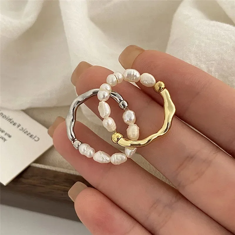 Irregular Metal Freshwater Pearls Ring European American Style Personalized Fashion Index Finger Girls Travel Accessories