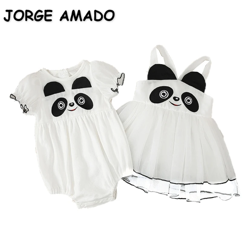 

2022 Summer Sister Matching Clothes Baby Girl Short Sleeves Panda Bodysuit+Suspender Sling Dress Open Back Child Clothing E9216