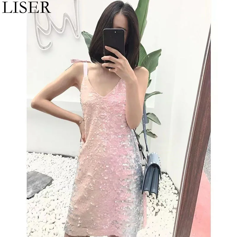 

2022 Summer New Women'S Dress Fashion Gradient Sequin Stitching Suspenders Slim Dress Sexy V-Neck Backless Dress LL1102