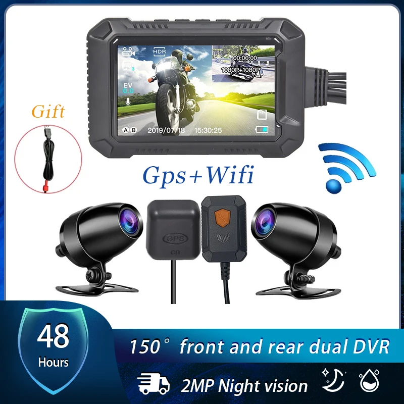 

WiFi GPS Motorcycle DVR Dash Cam Full HD 1080P+1080P Front Rear View Waterproof Motorbike Bike Motorcycle Camera