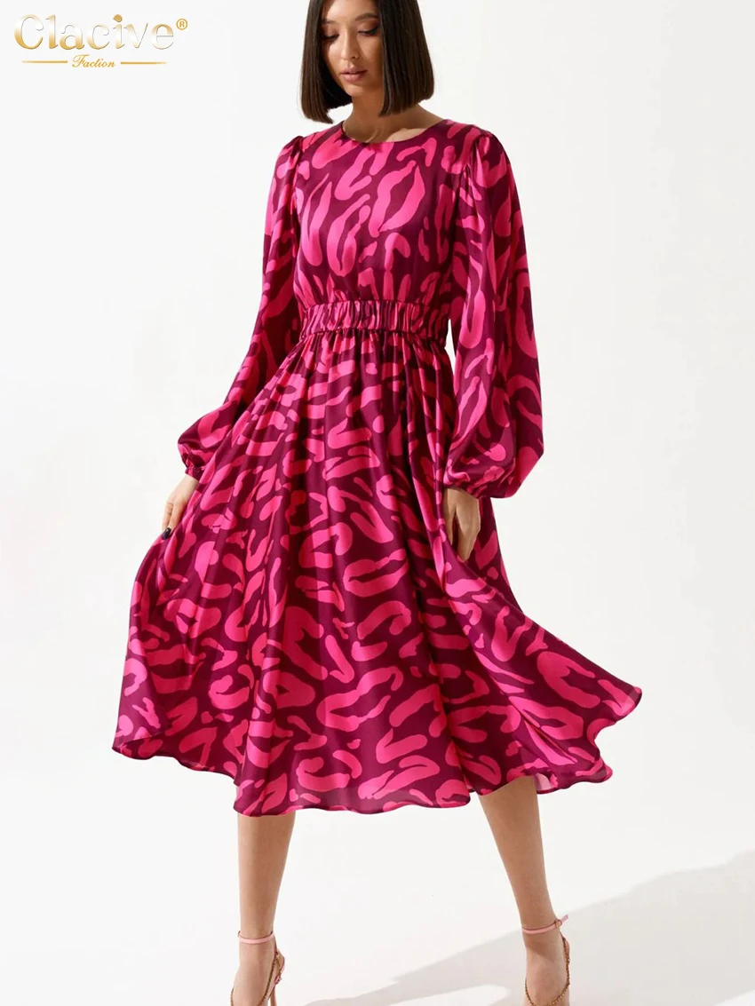 

Модное свободное женское платье Clacive с принтом 2023 элегантное платье миди с круглым вырезом и пышными рукавами винтажное Классическое женское платье с высокой талией