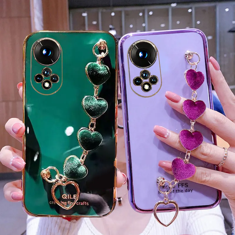 

Case for Huawei Nova 9 Cover Luxury Plating Heart Metal Bracelet Covers For Huawei Nova9 Case Nova9 se pro Chain Protective case