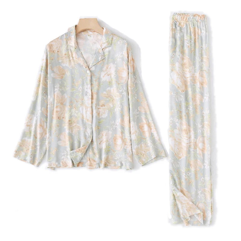 

Women Long-sleeved Pajamas Trousers Sets Lapel Viscose Sleepwear Female Two Pieces Pajamas Ladies Nighties Home Clothes