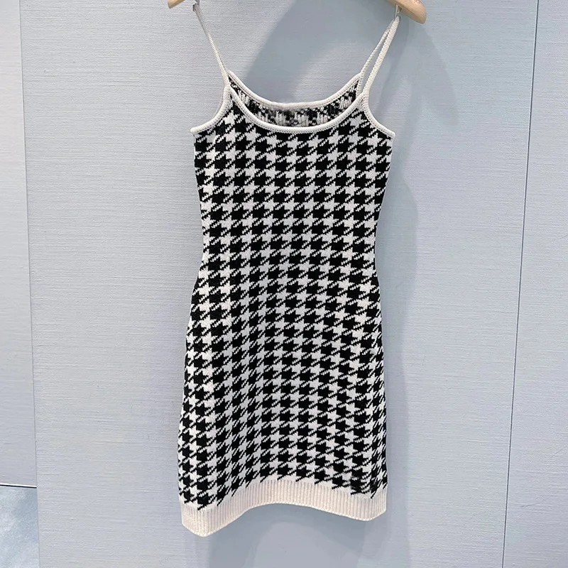 

Miu Retro Houndstooth Dress Star Knitted Bottoming Dress Slim Suspender Dress Early Autumn New Style