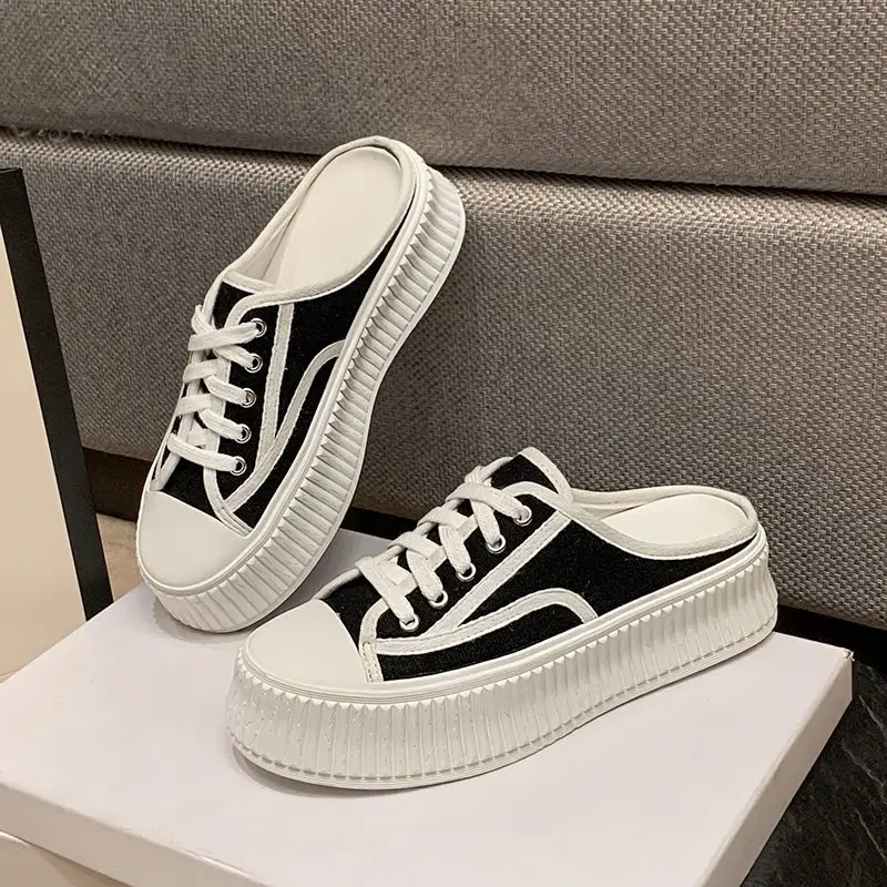 

Женские полутапочки, летняя верхняя одежда, новинка 2023, холщовая обувь на толстой подошве, удобная женская обувь на шнуровке