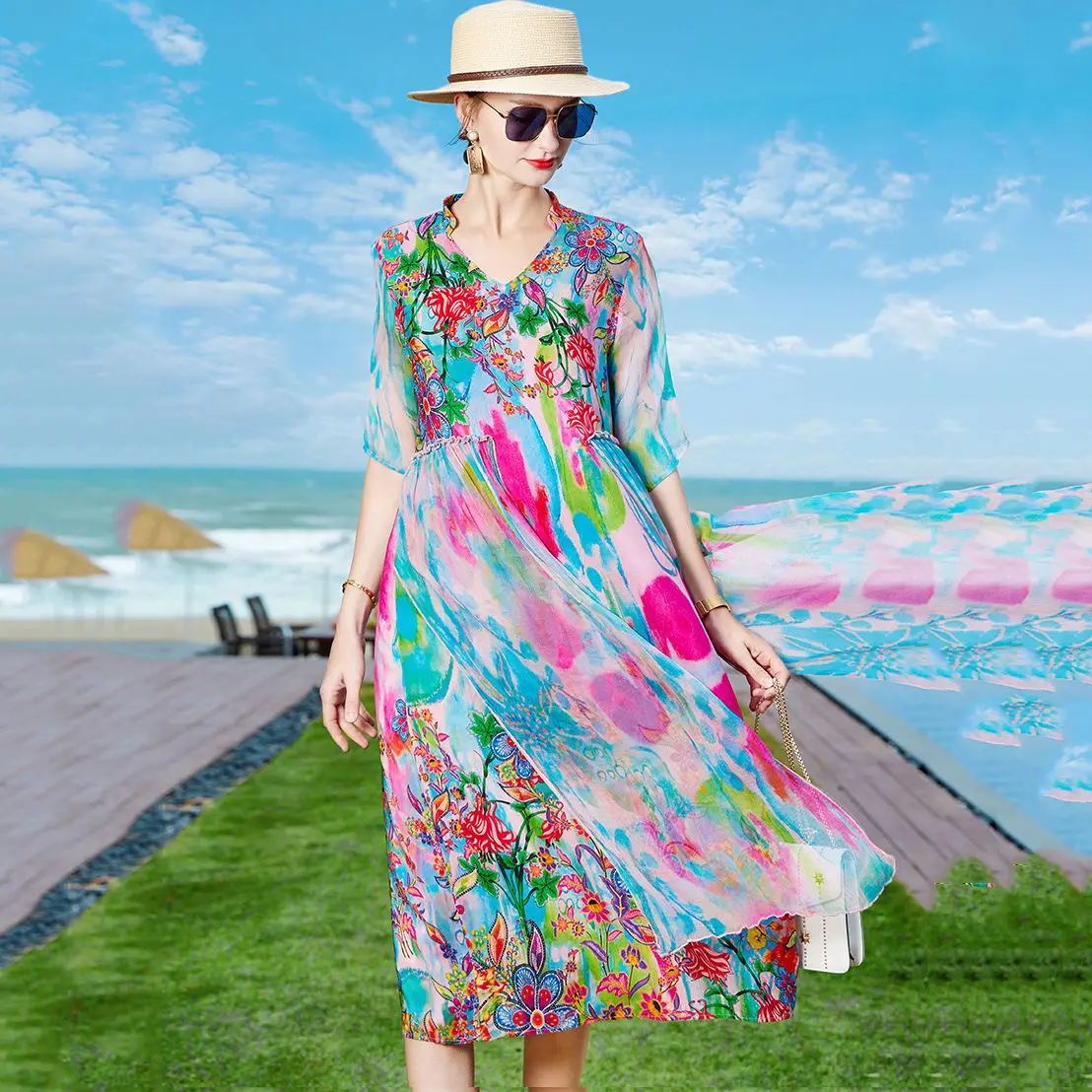 

Women 2022 Summer Floral Vintage Mulberry Silk Dresses Elegant Female 4XL Print Dress Lady Casual Loose Vestidos P38